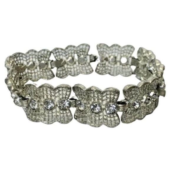 Vintage Shimmer Crystal Silver Tone Lace Webbed Metal Chain Link Bracelet 7.5” - Picture 1 of 7